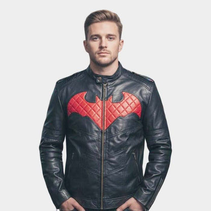 Men's black and red hero inspired quilted leather biker jacket