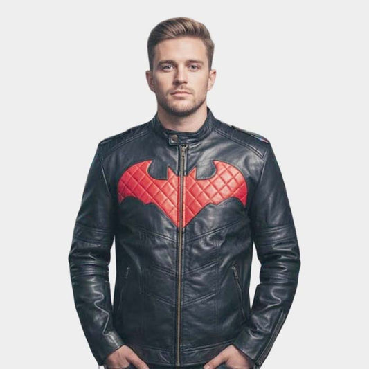 Men's black and red hero inspired quilted leather biker jacket