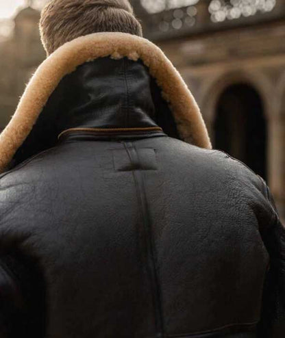Men's black sheepskin flight jacket with front zipper