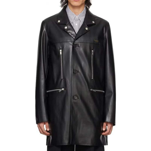 Front view of black sheepskin leather long coat for men