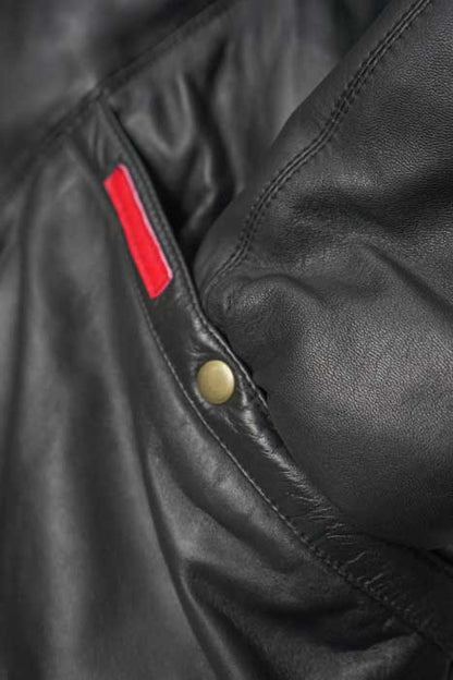 Men's leather jacket showing ribbed cuffs and hem detail