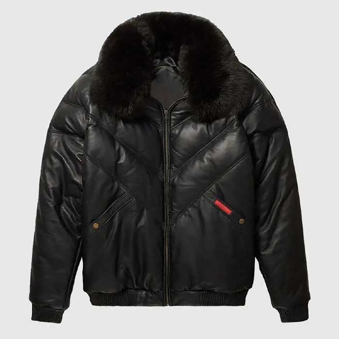 Black sheepskin bomber jacket styled without fur collar