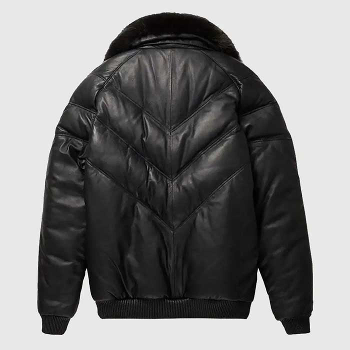 Heavy-duty front zipper detail on men's leather V-bomber jacket