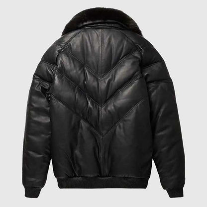 Heavy-duty front zipper detail on men's leather V-bomber jacket