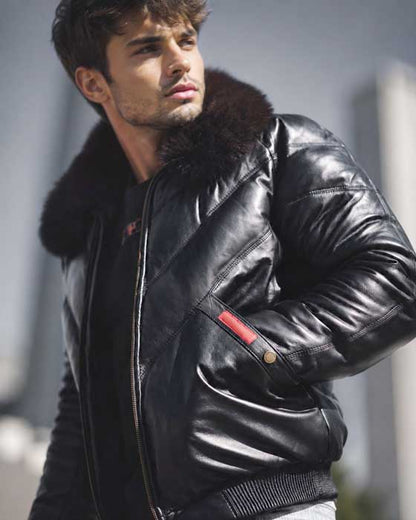 Men's black sheepskin leather V-bomber jacket front view