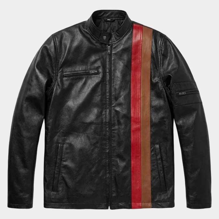 Black leather jacket with utility pockets for men