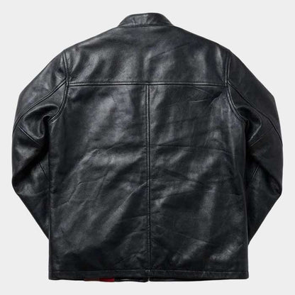 Celebrity style striped lambskin jacket side view