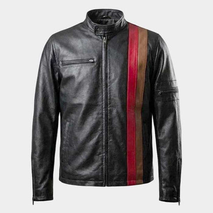 Men's black striped lambskin leather jacket front view