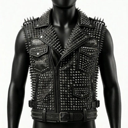  Front view of men’s black studded leather biker vest with spike detailing