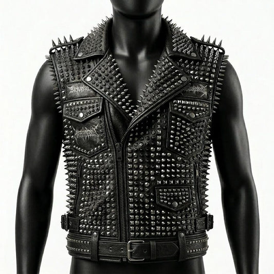  Front view of men’s black studded leather biker vest with spike detailing