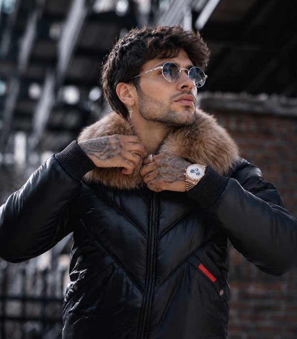 Men's black Goose Country leather bomber jacket with V-chevron stitching