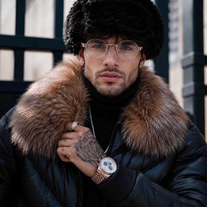 Black men's sheepskin aviator jacket with removable brown faux-fur collar