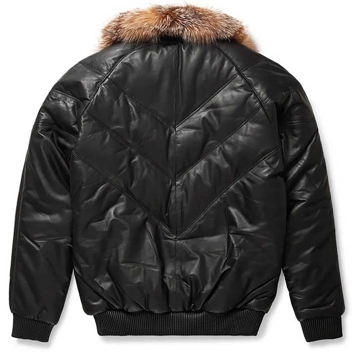 Men's black leather winter bomber jacket with ribbed cuffs and hem