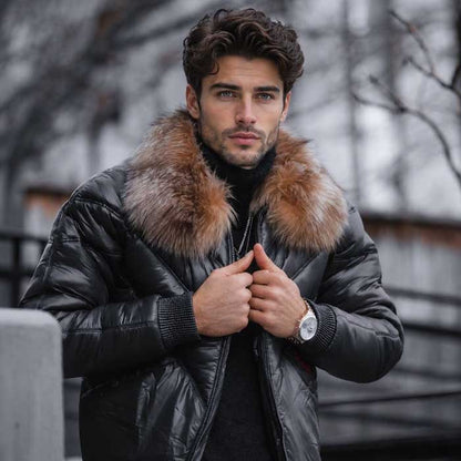 Men's black V-Bomber genuine sheepskin leather jacket with brown faux-fur collar