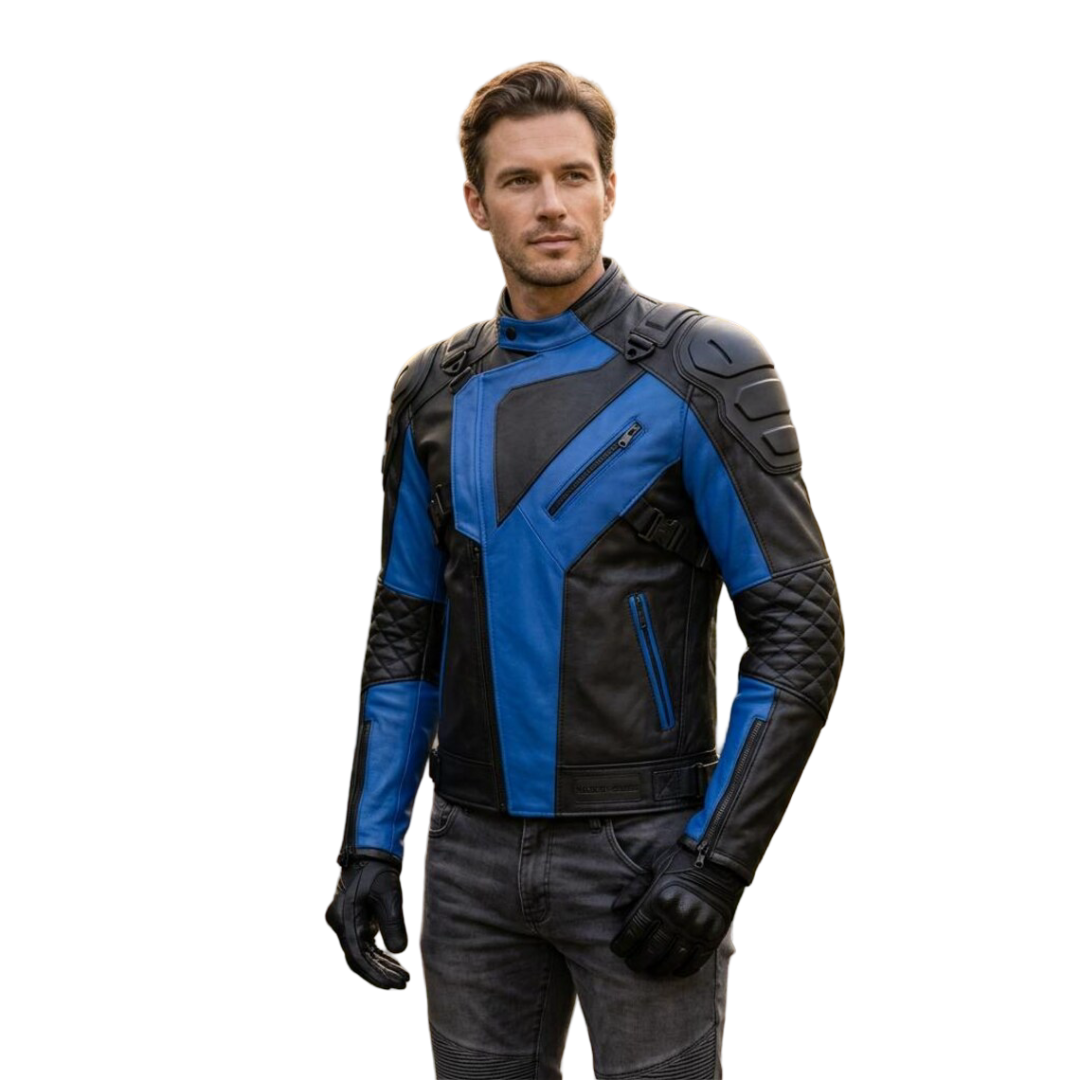 Front view of mens blue and black leather motorcycle jacket