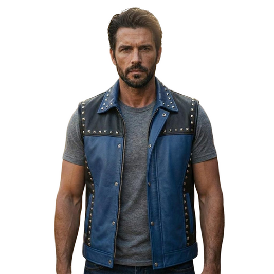 Front view of men blue and black studded leather biker vest with metal studs