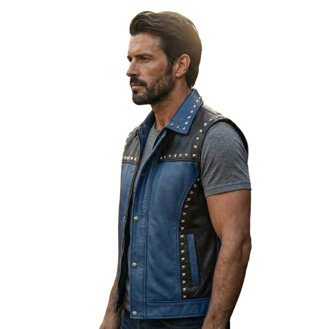 Side view of men blue and black studded leather biker vest showing sleeveless moto cut and metal stud detail