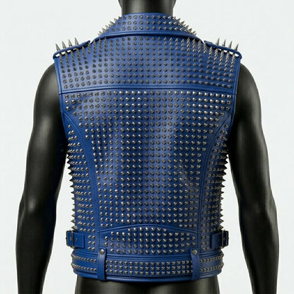  Back view of mens blue gothic leather biker vest