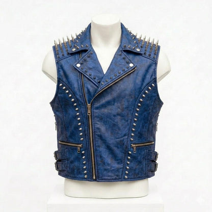 Front view of blue leather biker vest with embroidery and spike detail for men