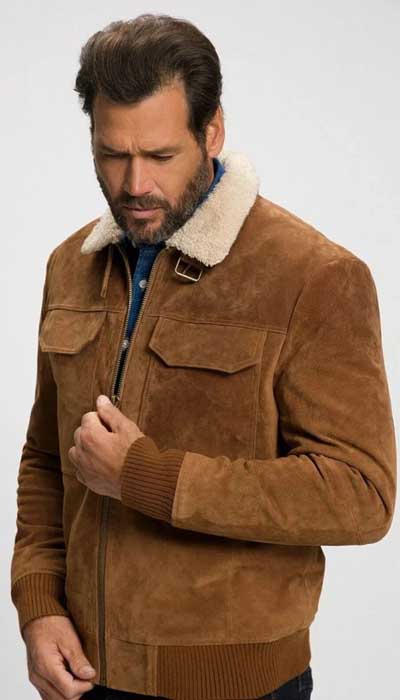Men's brown lambskin suede leather bomber jacket with fur collar