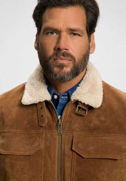Genuine brown suede flight jacket for men with zipper closure