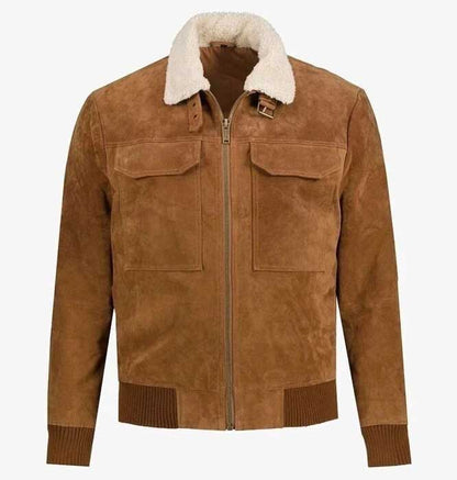 Men's brown genuine lambskin suede flight bomber jacket with fur collar