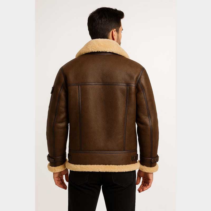 Handmade Sheepskin Leather Aviator Jacket with Faux Shearling Lining