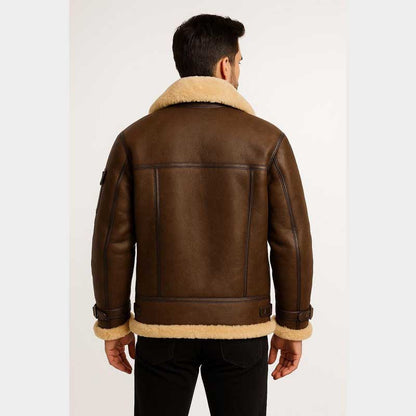 Handmade Sheepskin Leather Aviator Jacket with Faux Shearling Lining