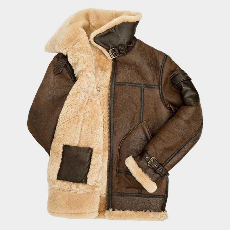 Genuine Sheepskin Mens Aviator Jacket with Plush Shearling Collar