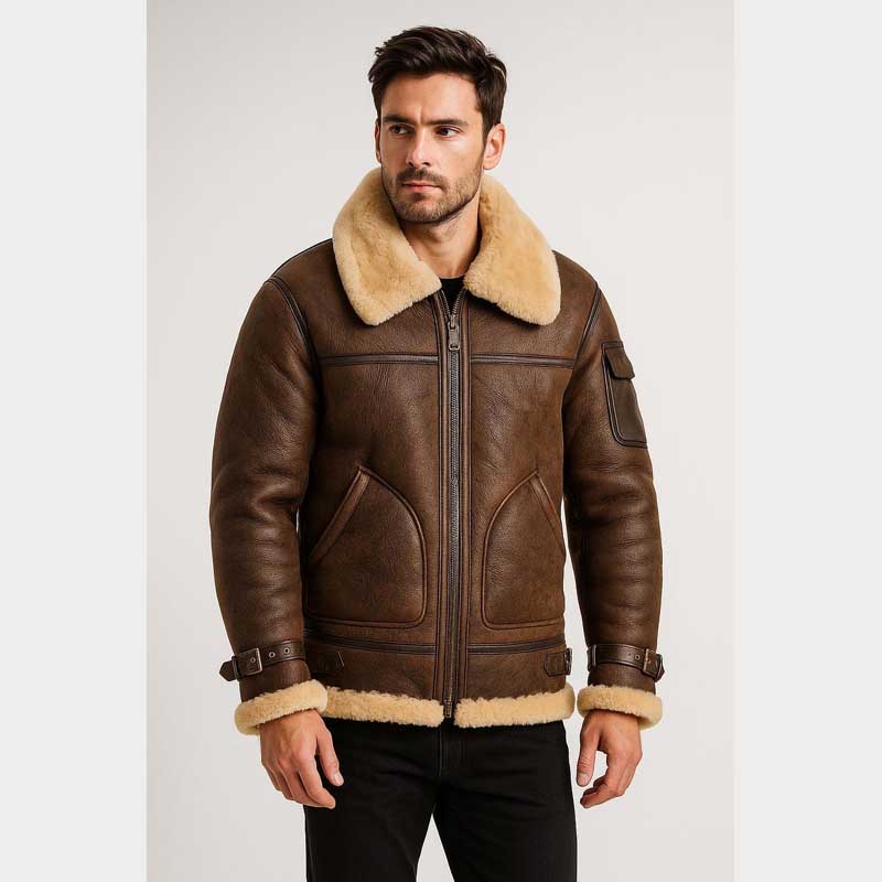 Mens Brown Sheepskin Aviator Jacket Vintage Pilot Style Front View