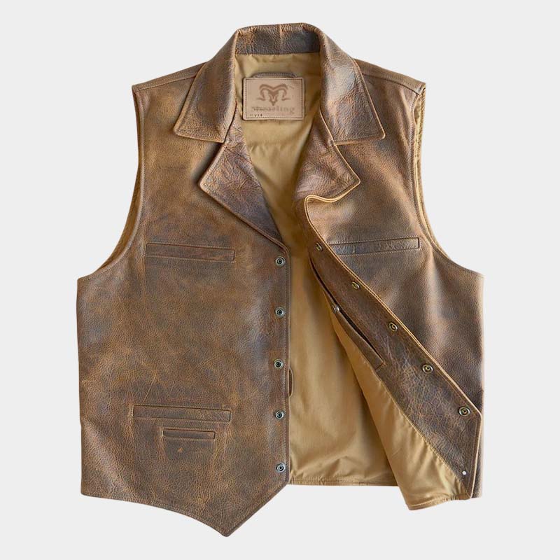 Men's brown sheepskin waistcoat with waxed leather finish
