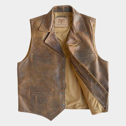 Men's brown sheepskin waistcoat with waxed leather finish