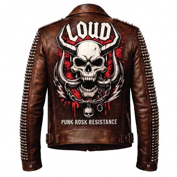Men's brown punk rock leather biker jacket with skull design
