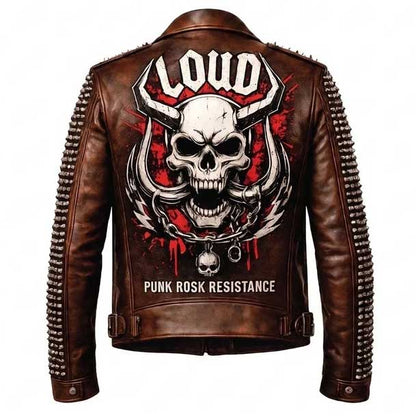 Men's brown punk rock leather biker jacket with skull design