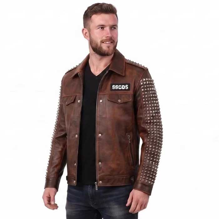 Handmade men's brown leather biker jacket with metal studs