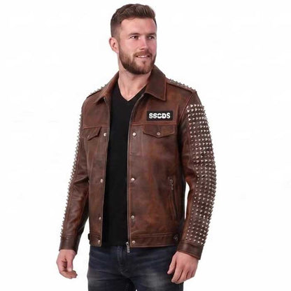 Handmade men's brown leather biker jacket with metal studs