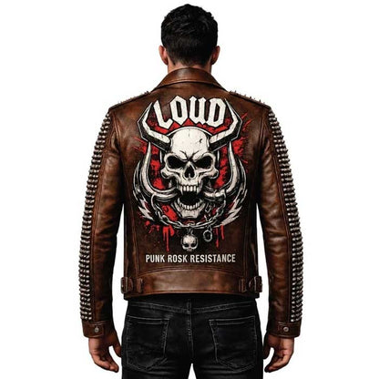 Men's demon skull studded motorcycle leather jacket
