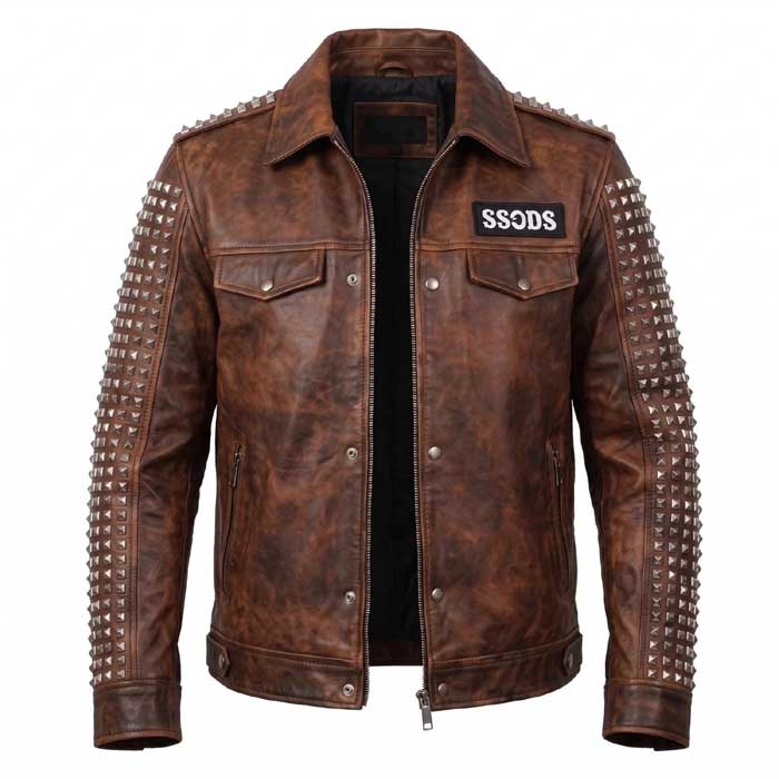 Men's brown genuine leather studded demon skull biker jacket