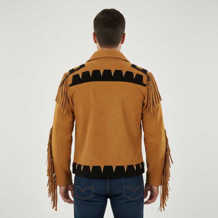 Brown suede men's jacket featuring fringe detailing across the chest
