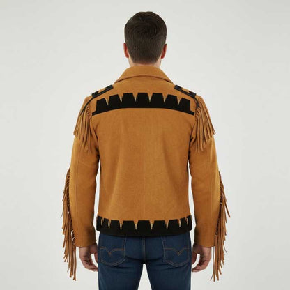 Brown suede men's jacket featuring fringe detailing across the chest