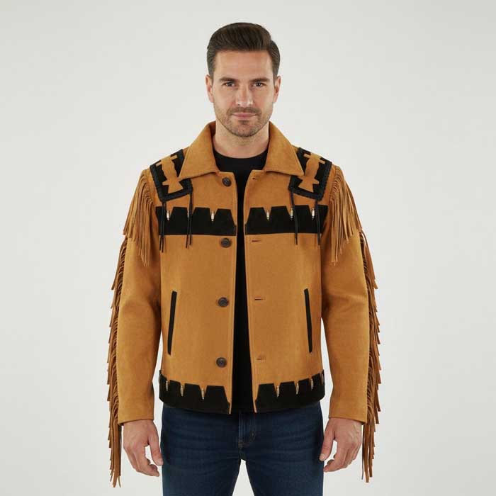 Men's brown genuine suede fringe cowboy jacket with Western styling