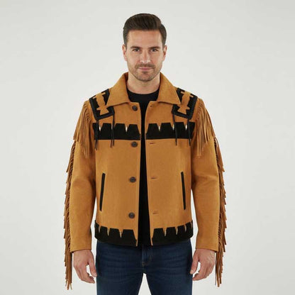 Men's brown genuine suede fringe cowboy jacket with Western styling