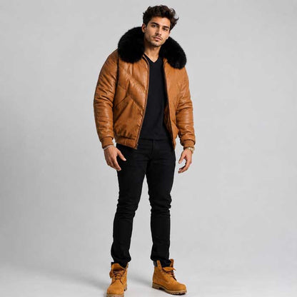 Brown men's Goose Country leather bomber jacket with V-chevron stitching