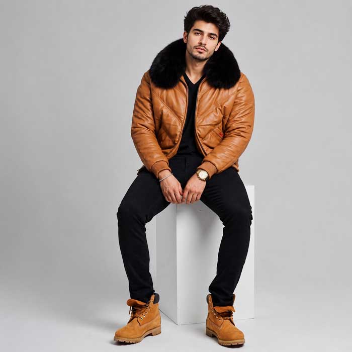 Men's brown sheepskin aviator jacket with removable black faux-fur collar