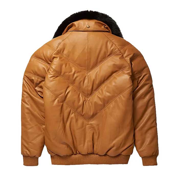 Men's brown leather winter bomber jacket with ribbed cuffs and hem
