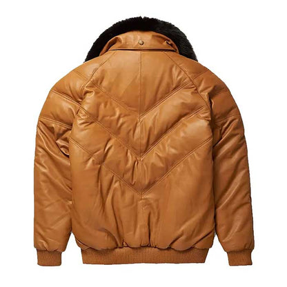 Men's brown leather winter bomber jacket with ribbed cuffs and hem