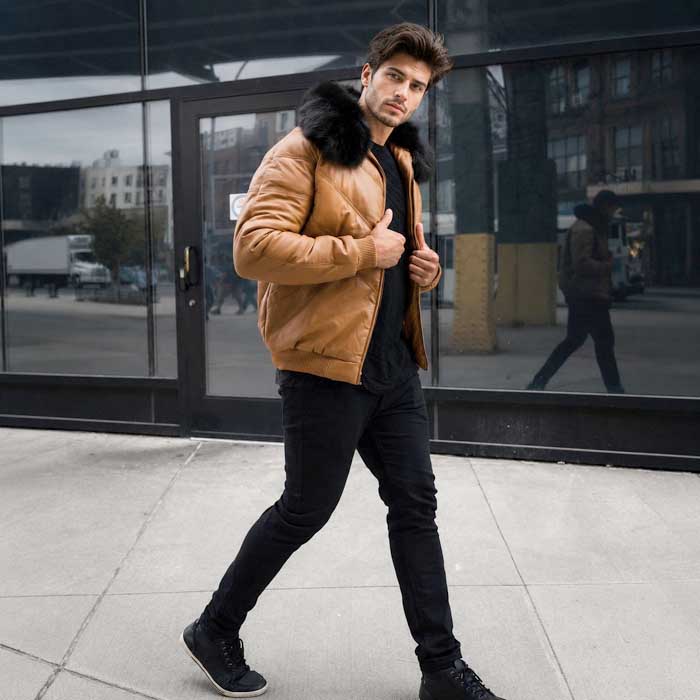 Men's brown V-Bomber real sheepskin leather jacket with faux-fur collar