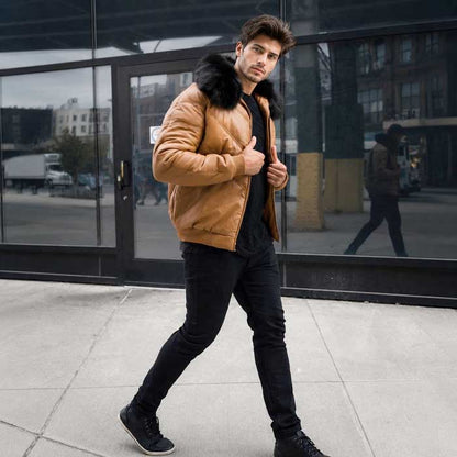 Men's brown V-Bomber real sheepskin leather jacket with faux-fur collar