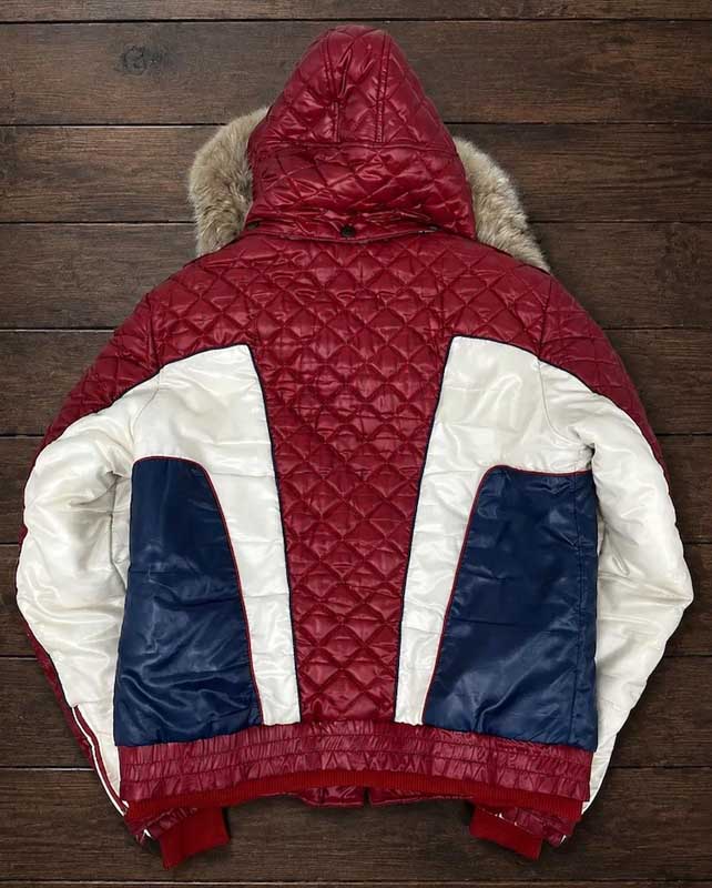 Burgundy diamond-quilted jacket featuring a fur-trimmed hood and retro ski styling.
