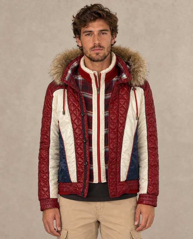 Men's winter coat with glossy burgundy quilting and contrasting cream panels.